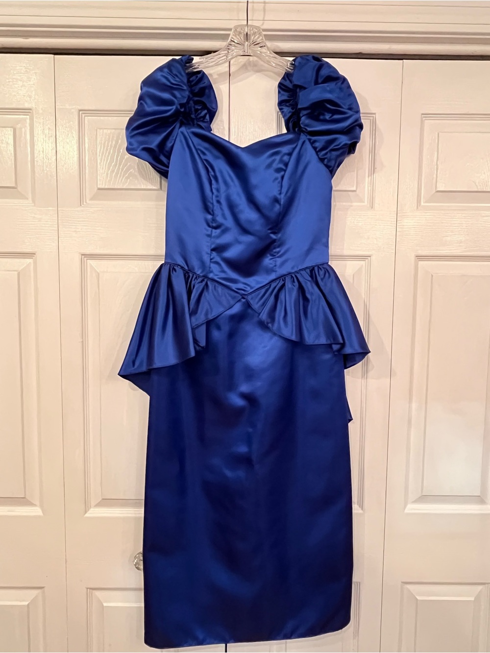 Vintage Royal Blue Satin Peplum Dress with Puff Sleeves